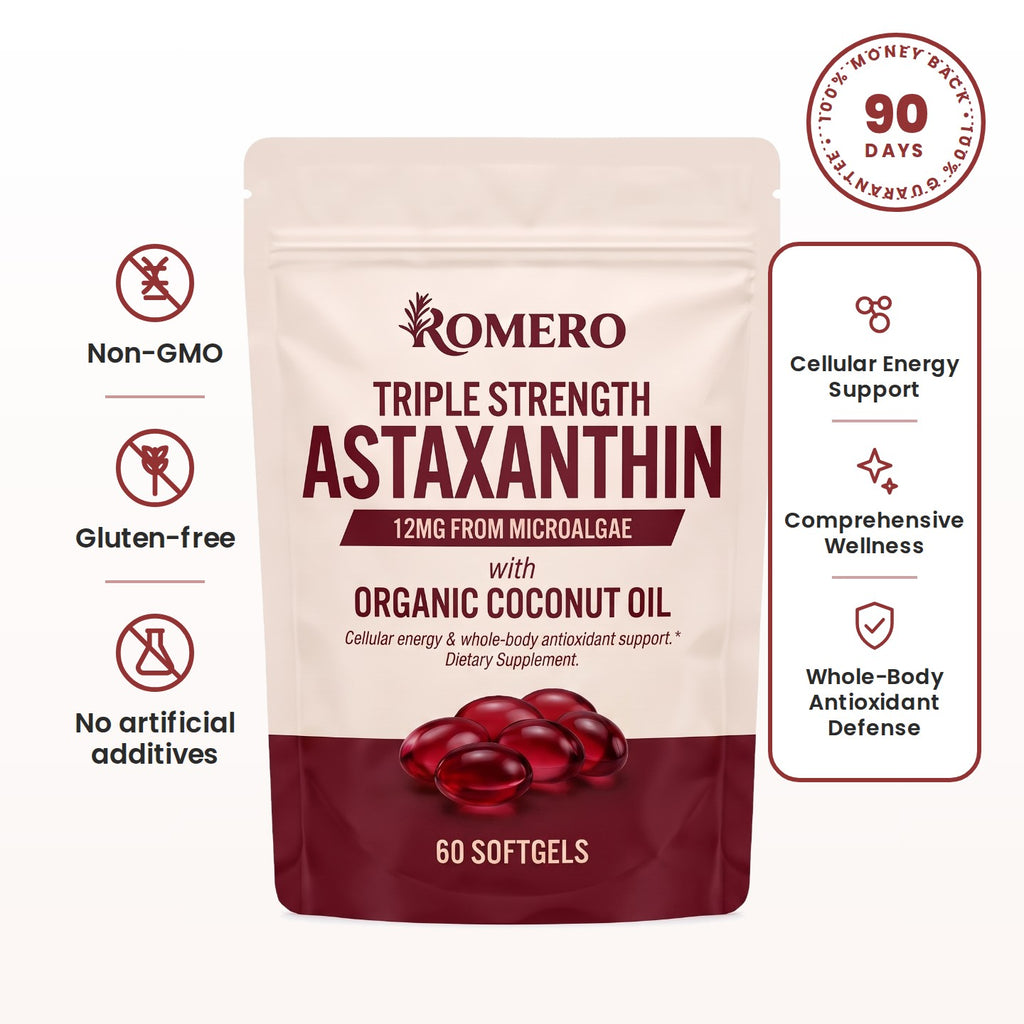 ROMERO Astaxanthin 12mg softgels pouch with Non-GMO, gluten-free and no artificial additives icons and 90-day money-back guarantee seal