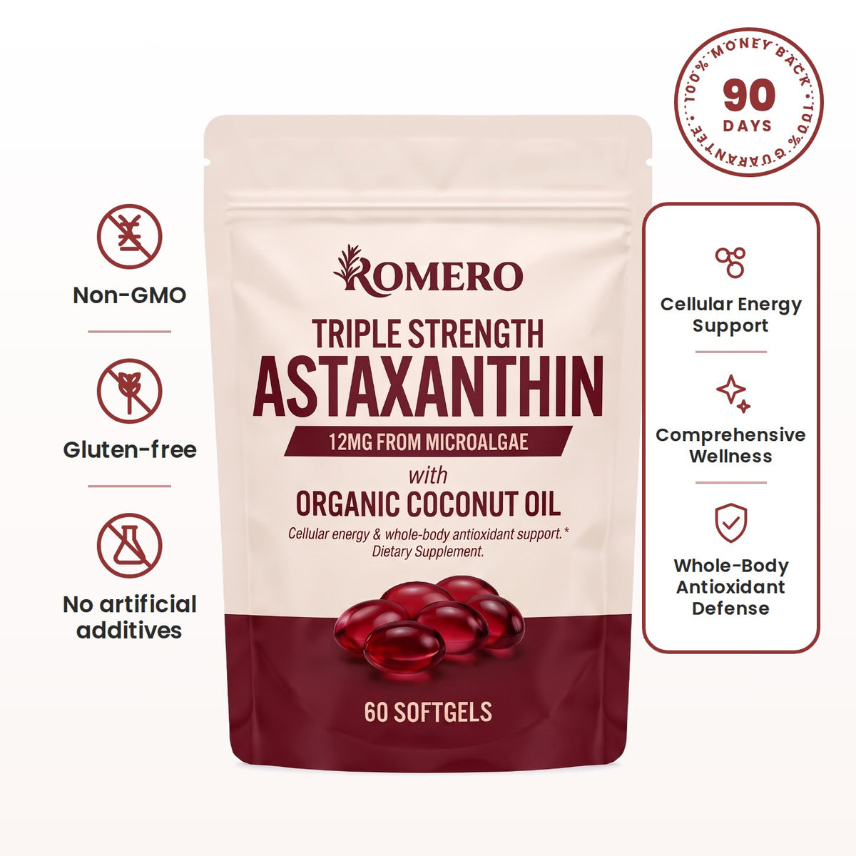 ROMERO Astaxanthin 12mg softgels pouch with Non-GMO, gluten-free and no artificial additives icons and 90-day money-back guarantee seal