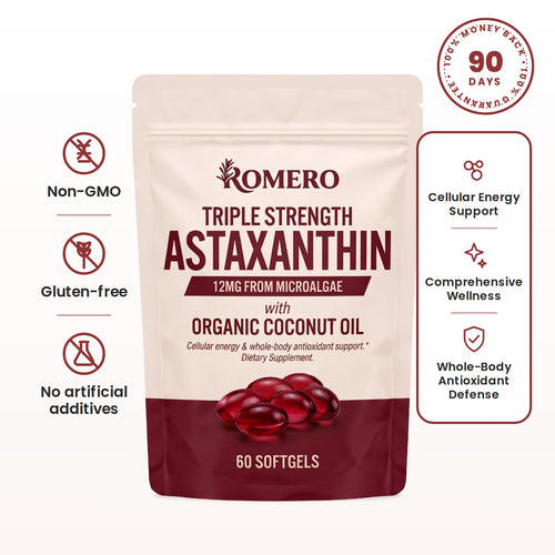 ROMERO Astaxanthin 12mg softgels pouch with Non-GMO, gluten-free and no artificial additives icons and 90-day money-back guarantee seal