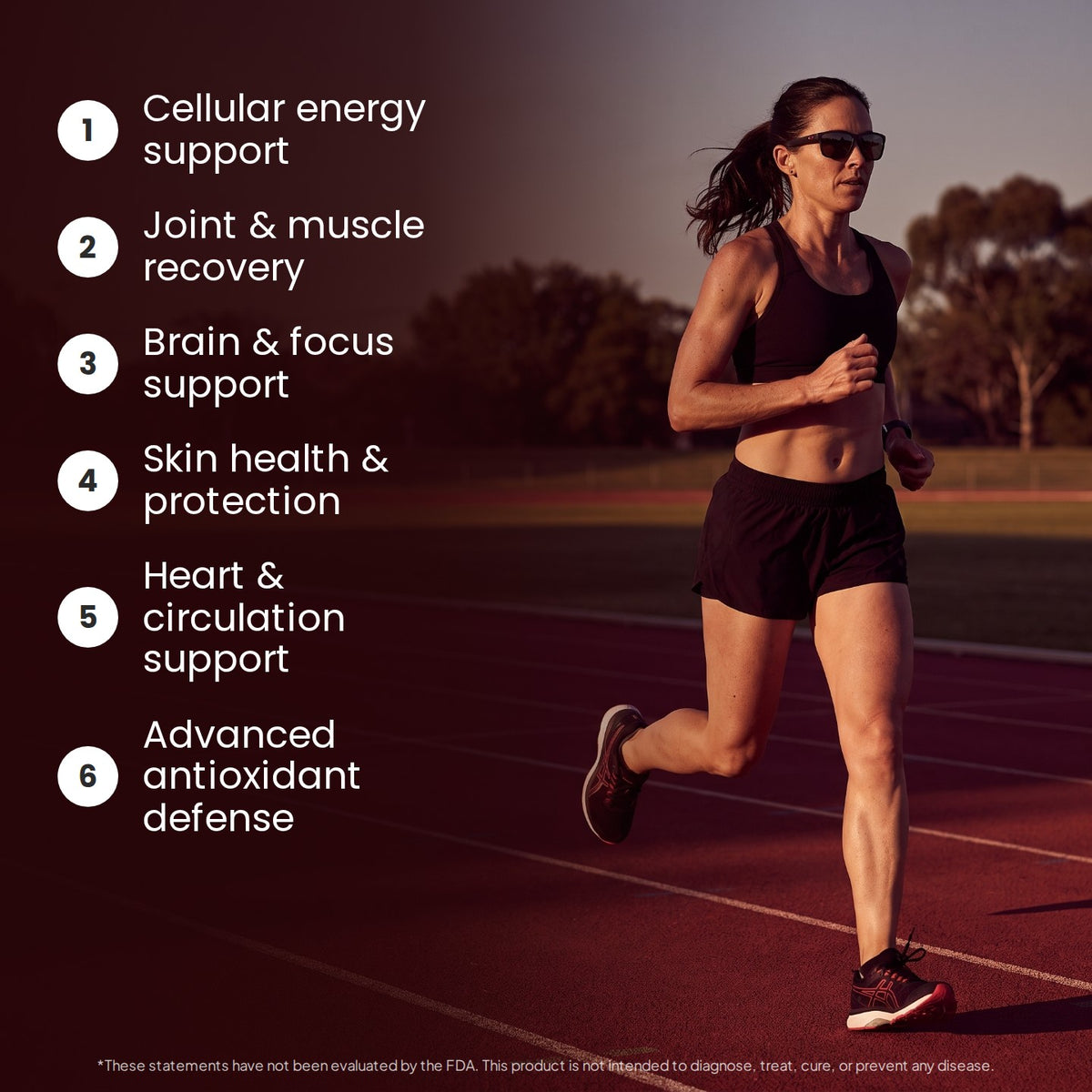 Woman running on a track with six astaxanthin benefits listed