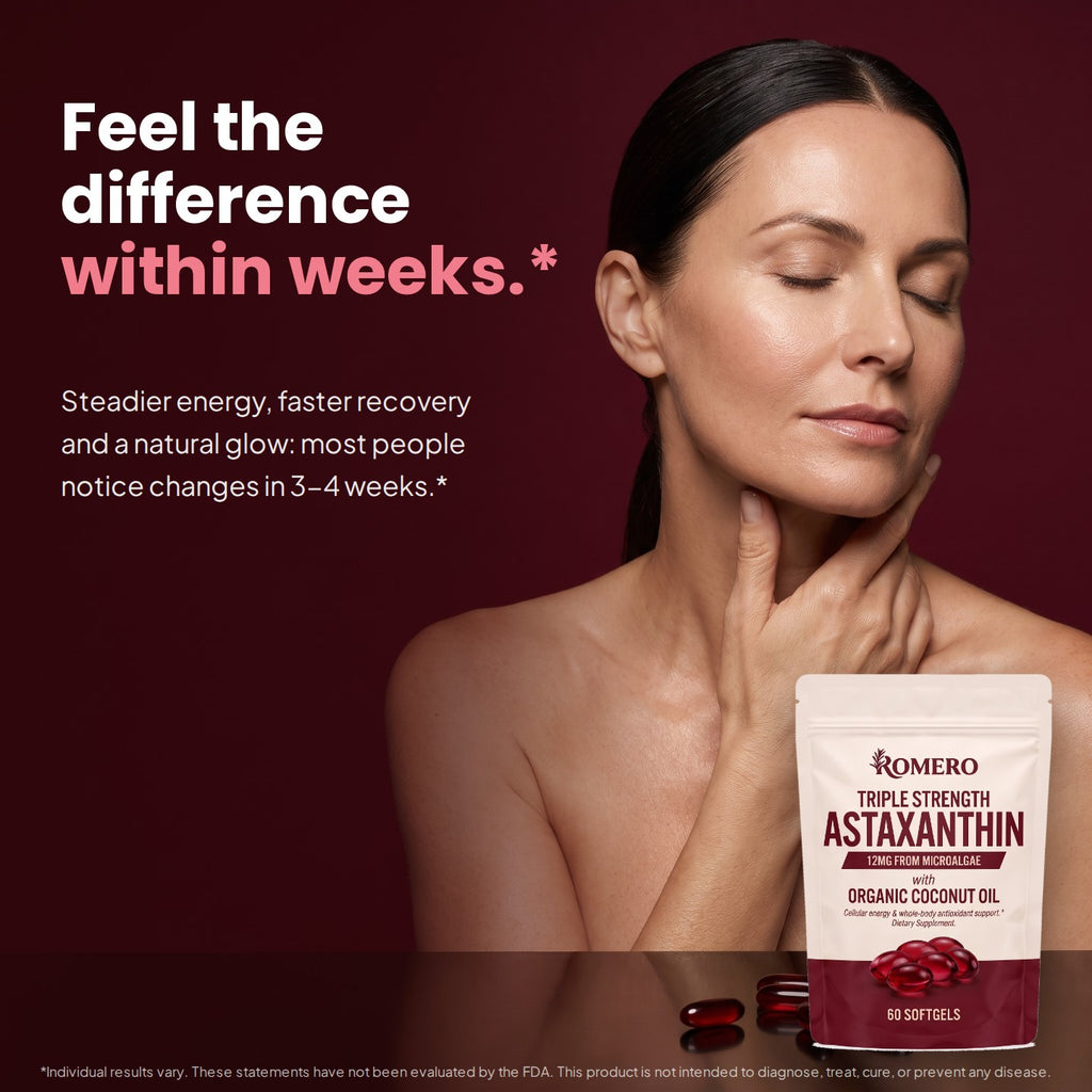 Woman with glowing skin beside the ROMERO Astaxanthin pouch