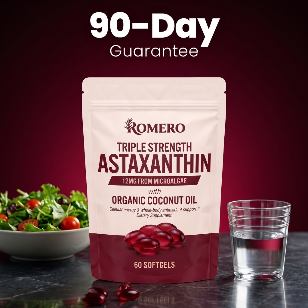 ROMERO Astaxanthin pouch on a table with salad and water, 90-day guarantee