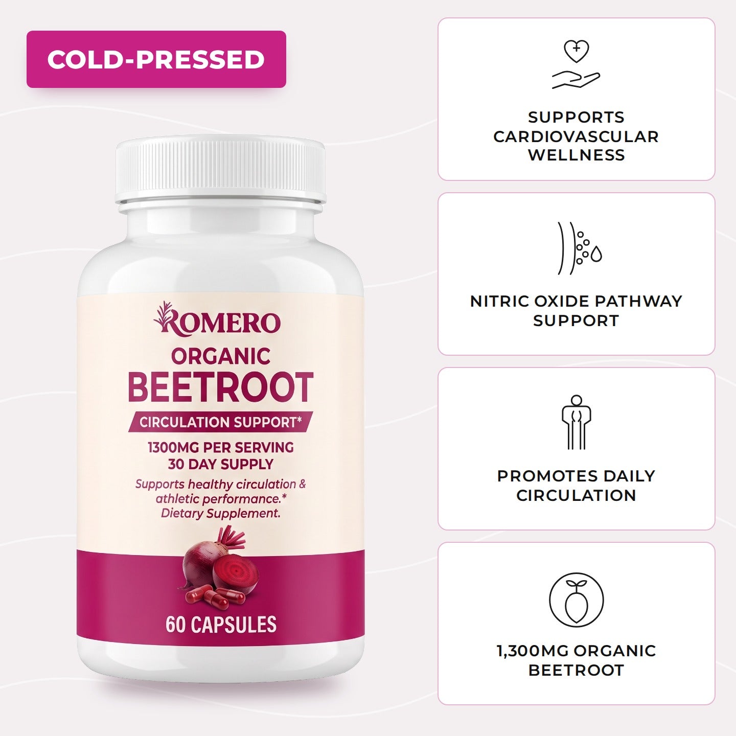 ROMERO Organic Beetroot bottle with four benefit tiles: supports cardiovascular wellness, nitric oxide pathway support, promotes daily circulation, 1,300mg organic beetroot