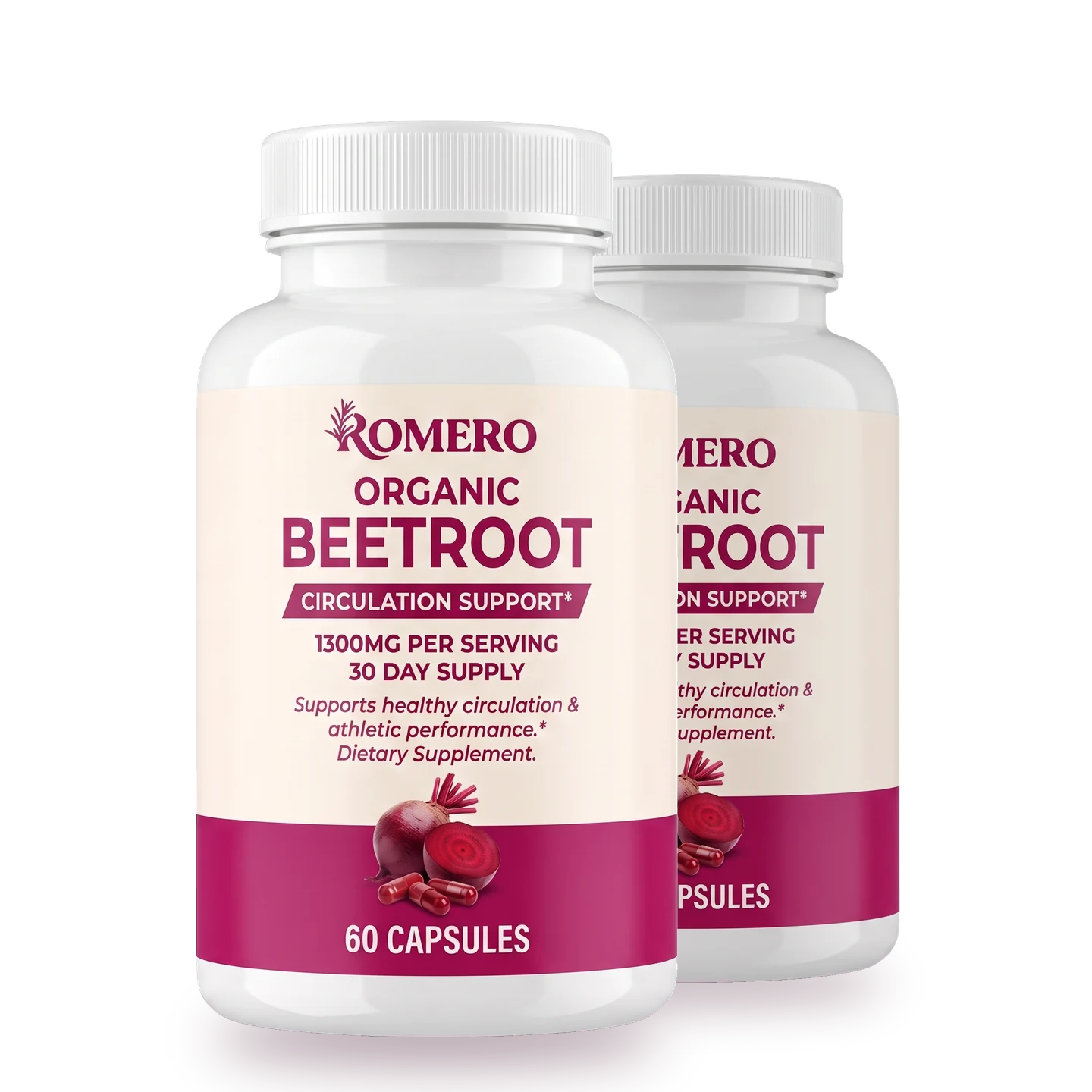 Two bottles of ROMERO Organic Beetroot Capsules
