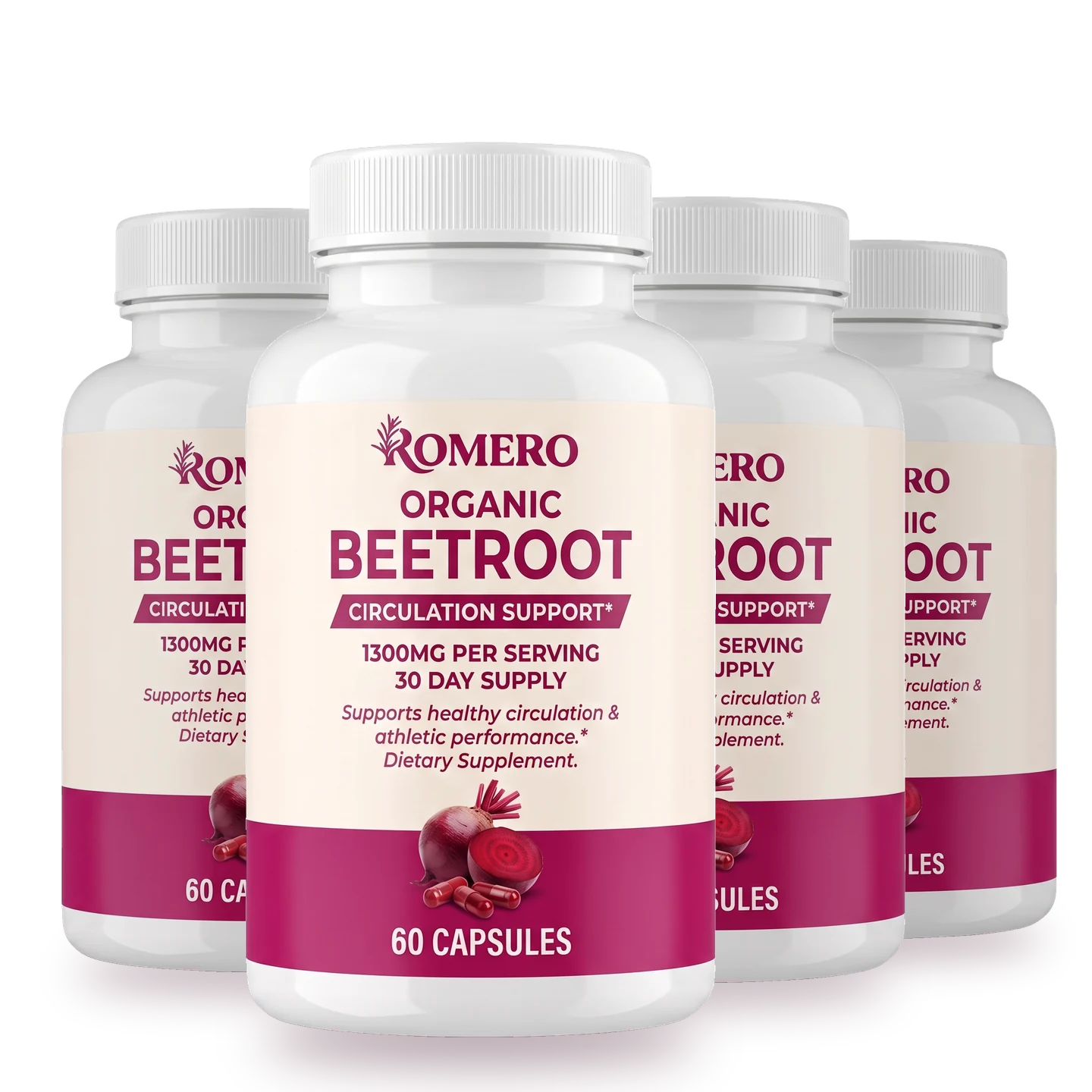 Four bottles of ROMERO Organic Beetroot Capsules