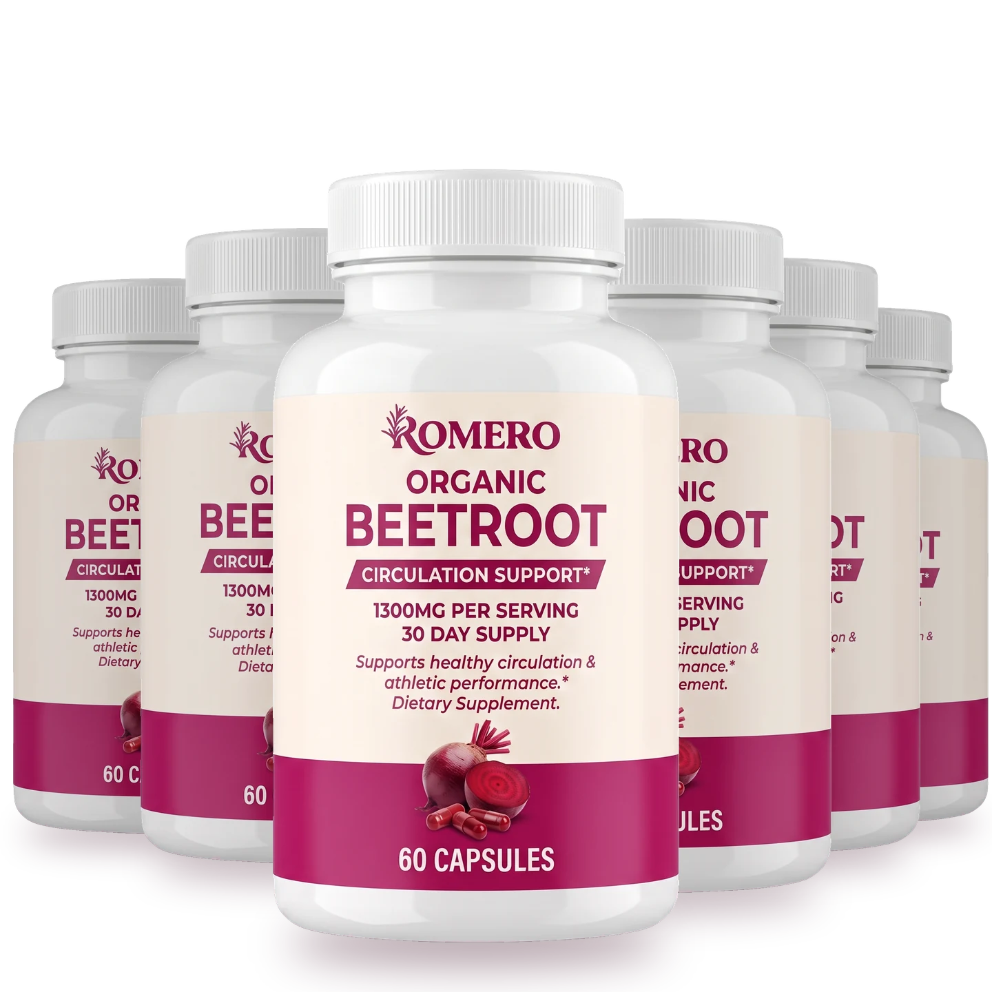 Six bottles of ROMERO Organic Beetroot Capsules