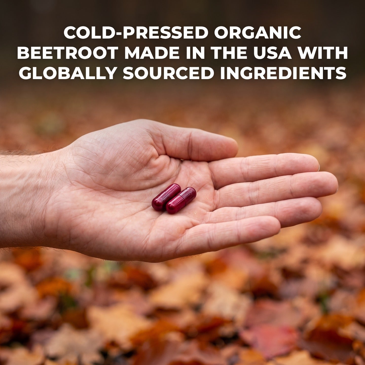 Two red beetroot capsules in an open hand with the headline cold-pressed organic beetroot made in the USA