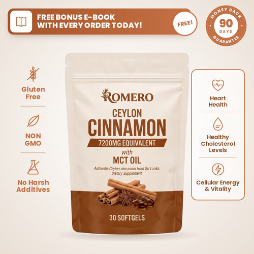 ROMERO Ceylon Cinnamon pouch with Gluten Free, Non GMO and No Harsh Additives badges and a free bonus e-book banner