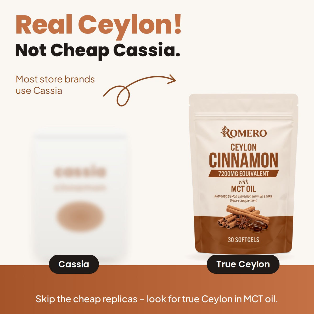 Real Ceylon, not cheap Cassia: a blurred generic Cassia pouch next to the ROMERO Ceylon Cinnamon pouch