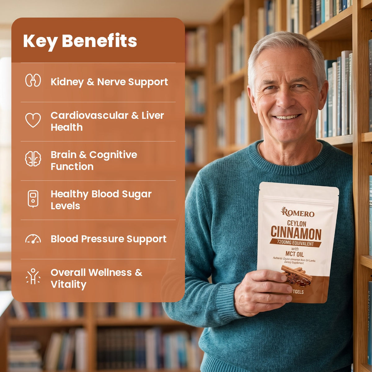 Smiling man holding ROMERO Ceylon Cinnamon beside a Key Benefits list
