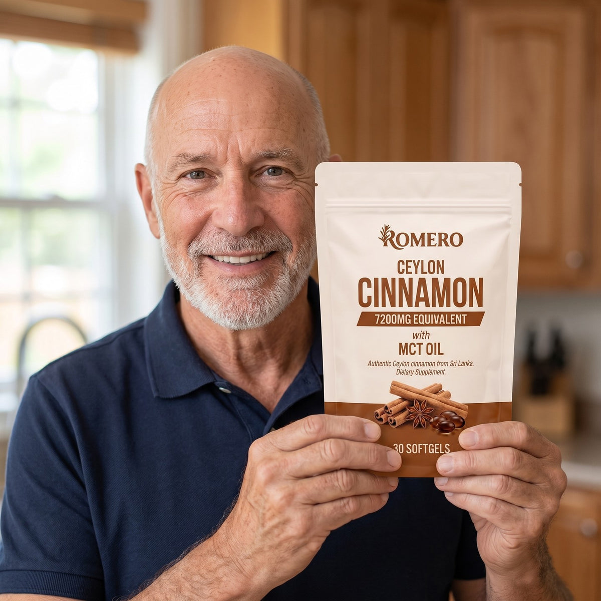 Smiling man holding a ROMERO Ceylon Cinnamon pouch in his kitchen