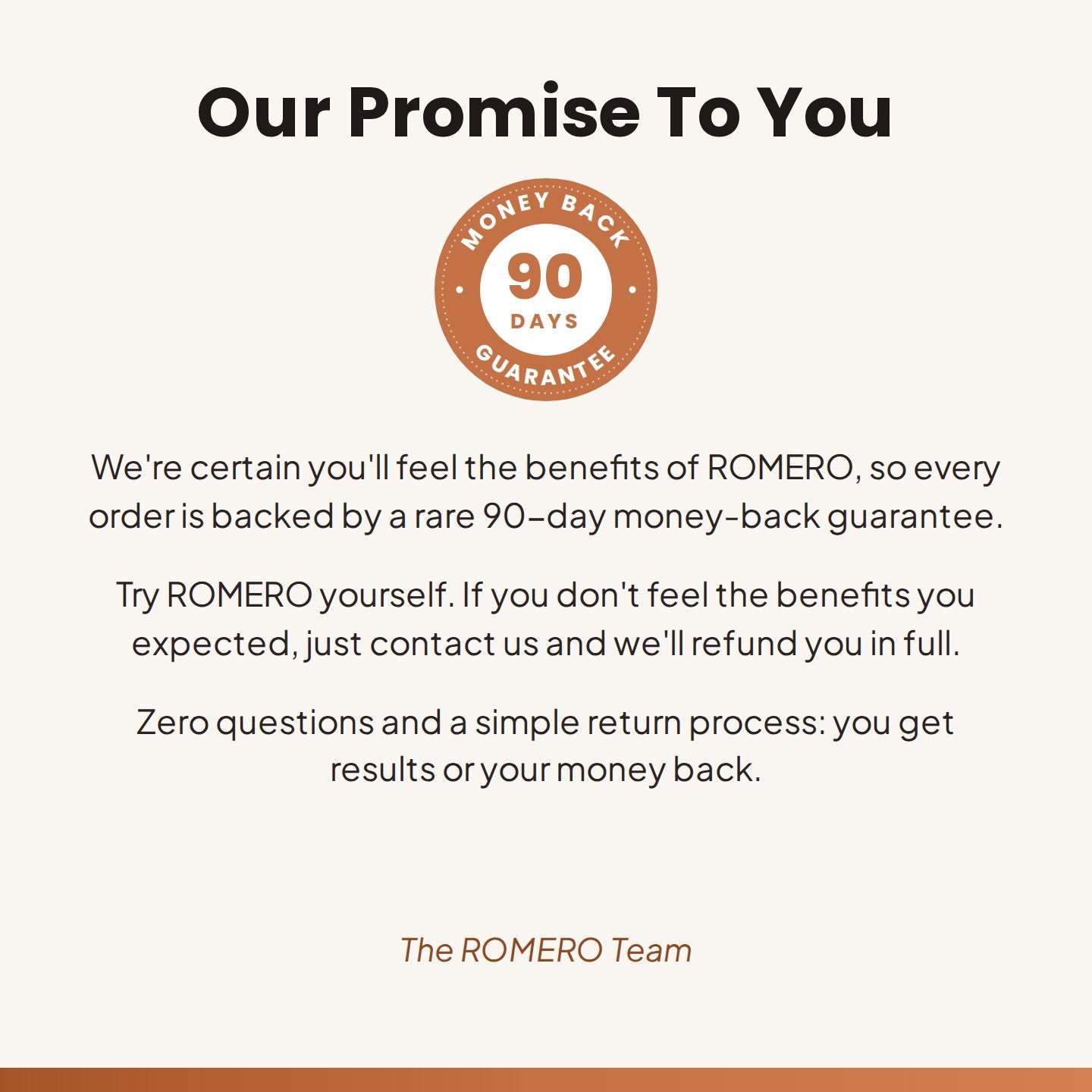 Our Promise To You: ROMERO 90-day money-back guarantee