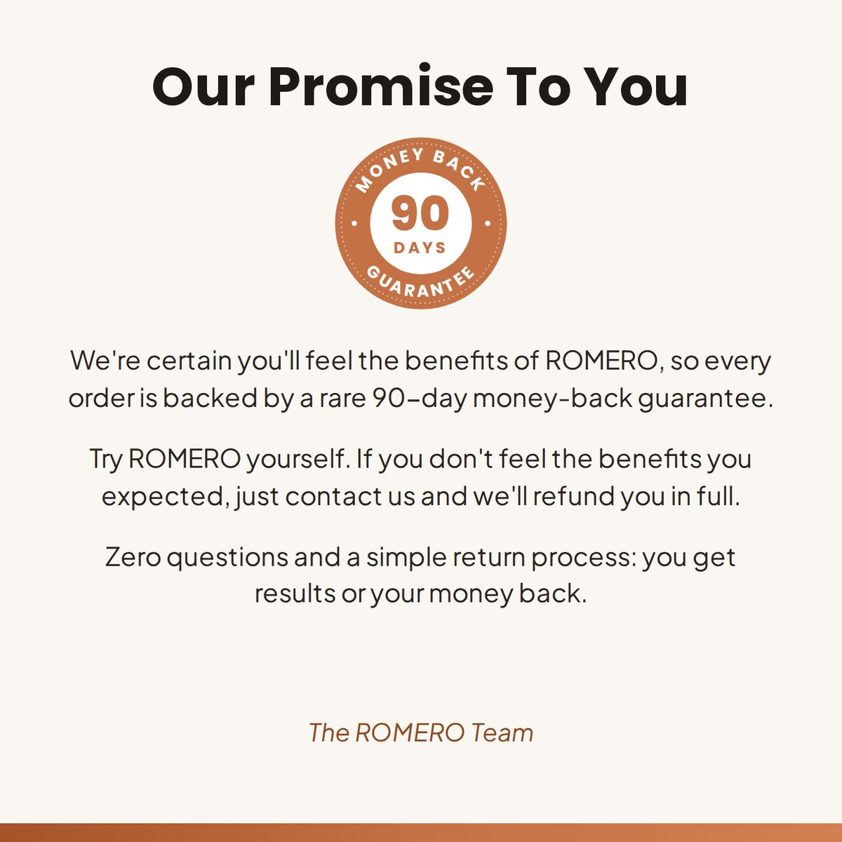 Our Promise To You: ROMERO 90-day money-back guarantee