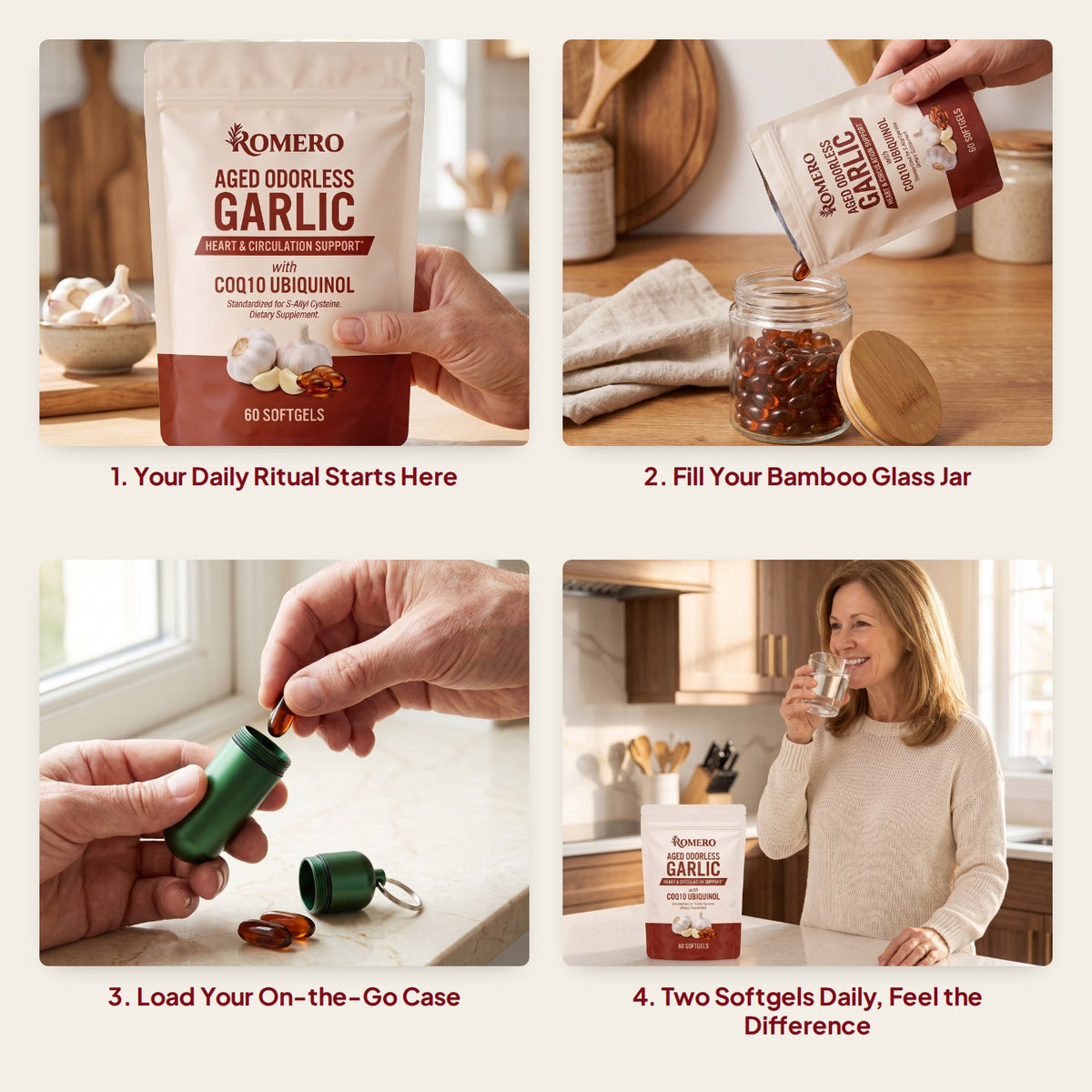 Four-step daily ritual with ROMERO Aged Odorless Garlic, bamboo glass jar and on-the-go softgel case