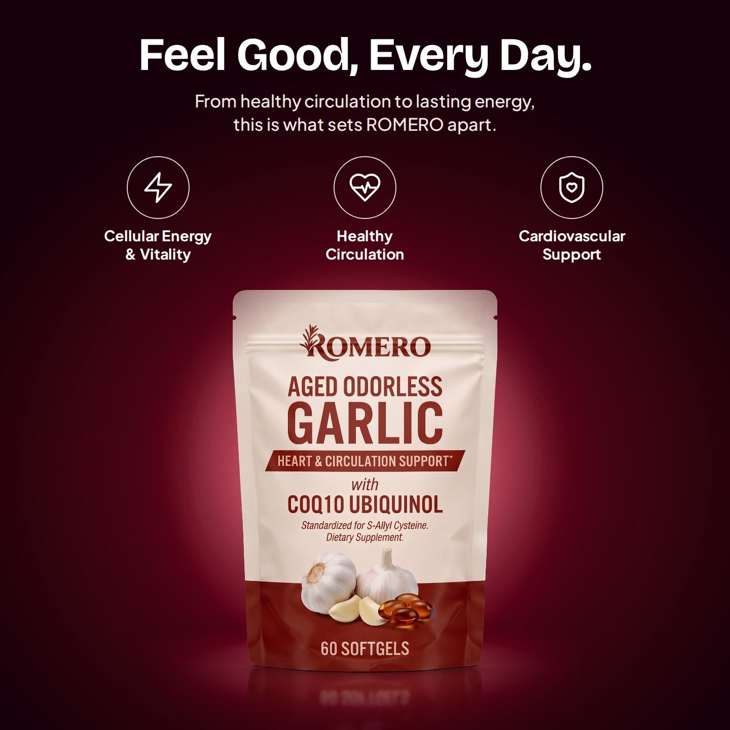ROMERO Aged Odorless Garlic pouch with cellular energy, healthy circulation and cardiovascular support icons