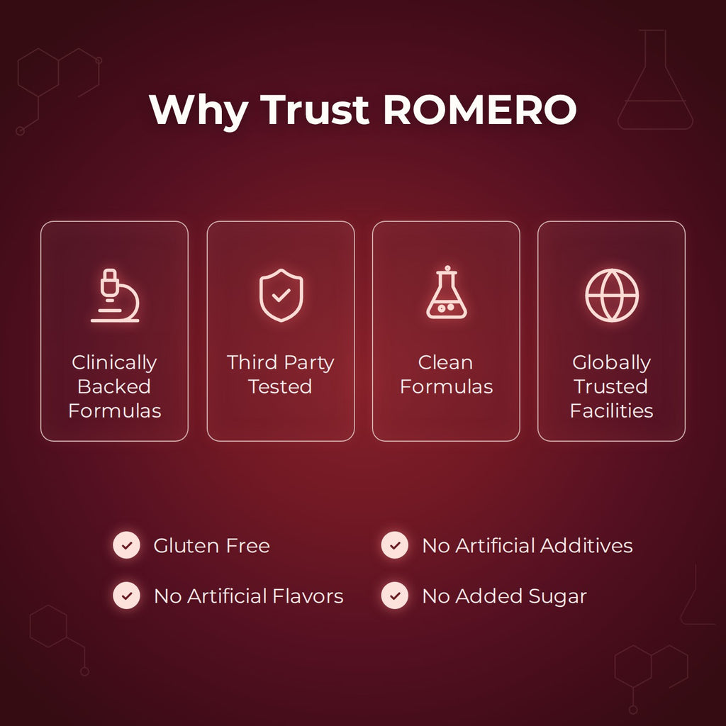 ROMERO Aged Odorless Garlic pouch with cellular energy, healthy circulation and cardiovascular support icons