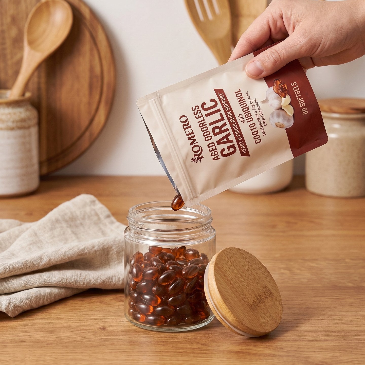 Pouring ROMERO Aged Odorless Garlic softgels from the pouch into a bamboo lid glass jar