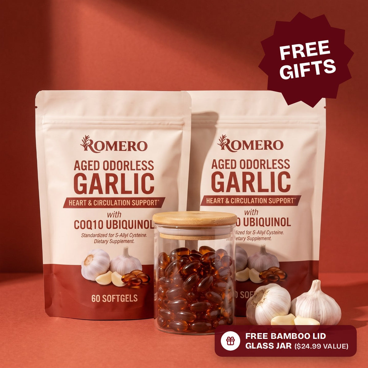 ROMERO Aged Odorless Garlic two pouches with a free bamboo lid glass jar of softgels