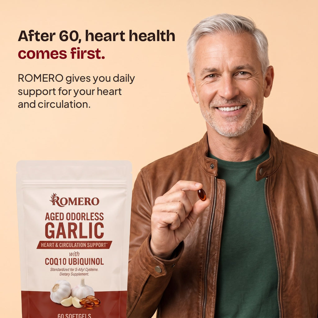 Smiling man in his sixties holding a softgel next to a pouch of ROMERO Aged Odorless Garlic