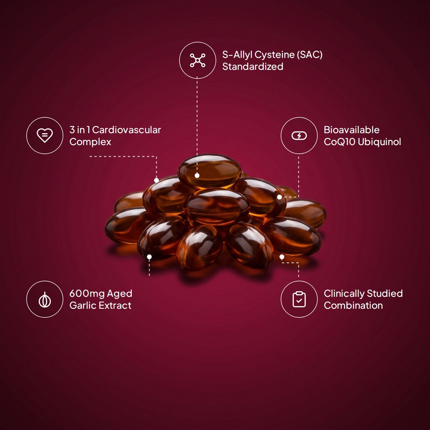Aged garlic extract and CoQ10 ubiquinol softgels with key compound callouts