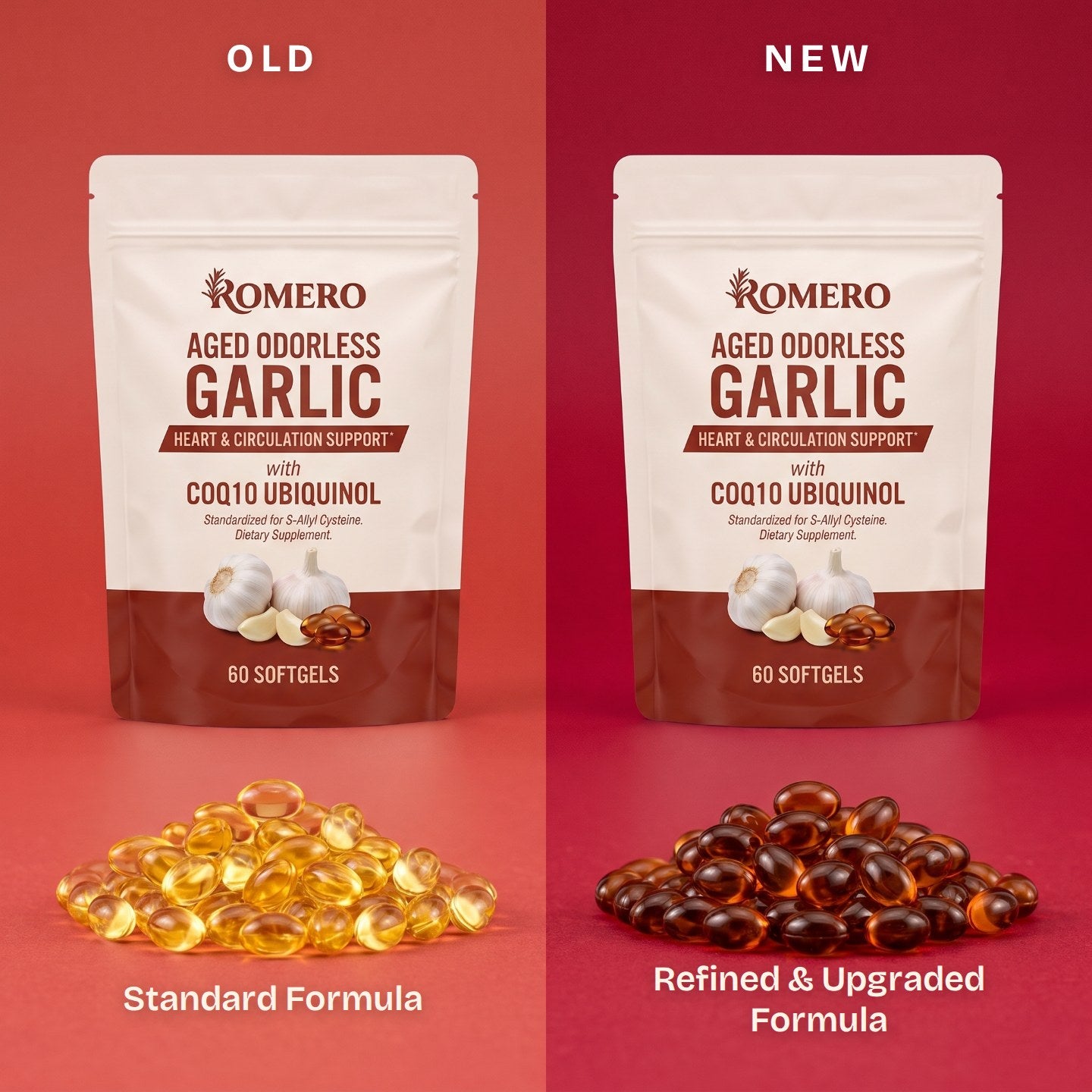 ROMERO Aged Odorless Garlic standard formula versus refined and upgraded formula softgels