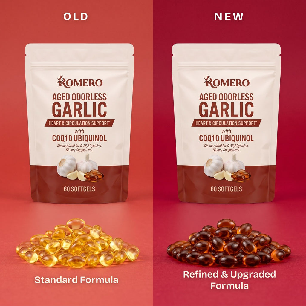 ROMERO Aged Odorless Garlic standard formula versus refined and upgraded formula softgels