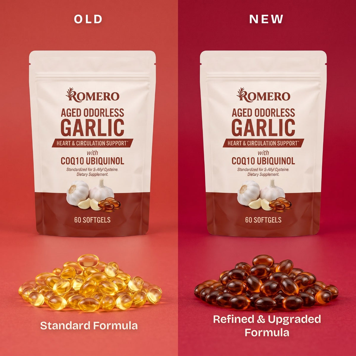 ROMERO Aged Odorless Garlic standard formula versus refined and upgraded formula softgels