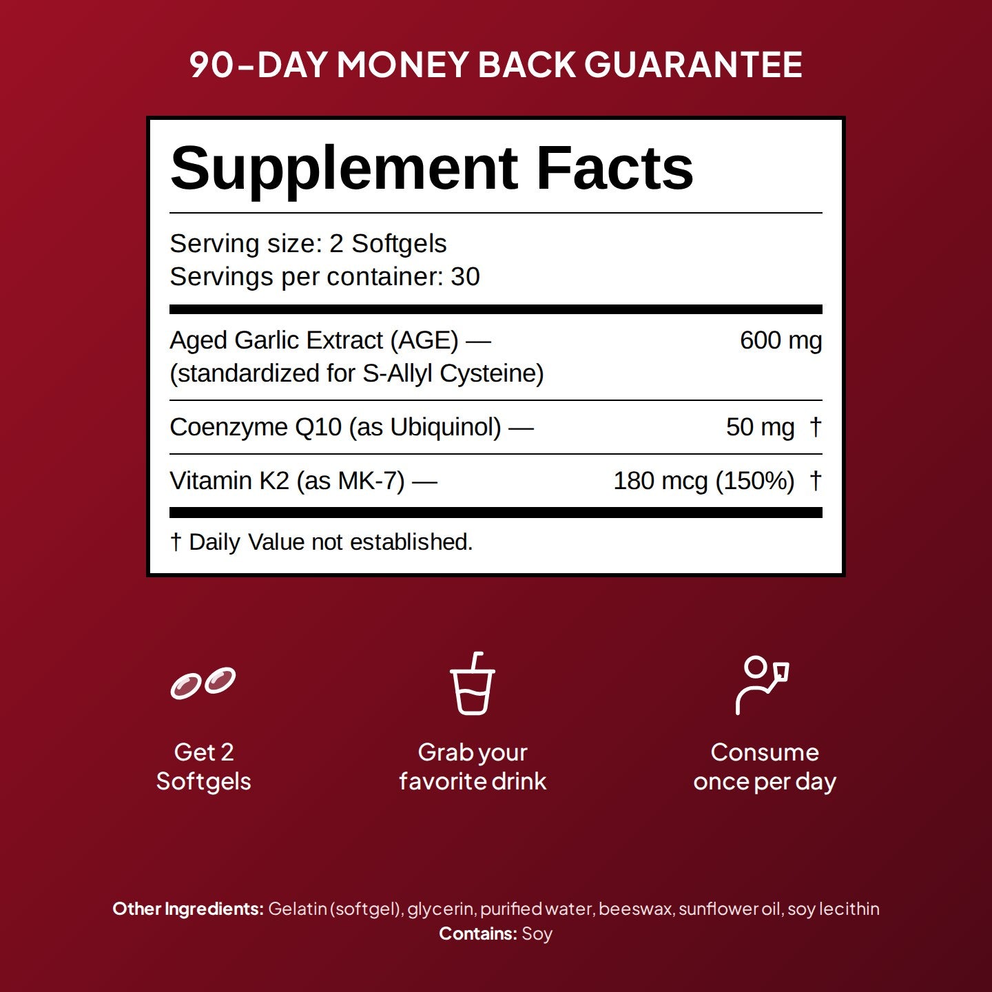 ROMERO Aged Odorless Garlic supplement facts: aged garlic extract 600 mg, CoQ10 ubiquinol 50 mg, vitamin K2 180 mcg