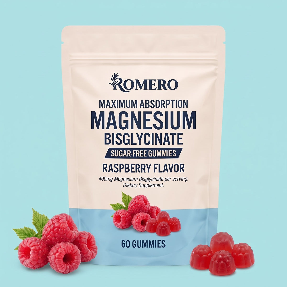 One pouch of ROMERO Magnesium Bisglycinate Gummies with fresh raspberries and gummies