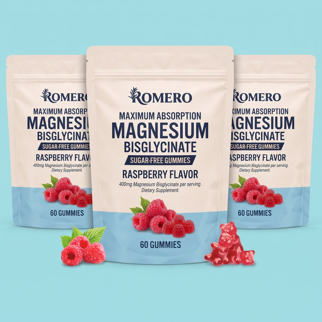 Three pouches of ROMERO Magnesium Bisglycinate Gummies