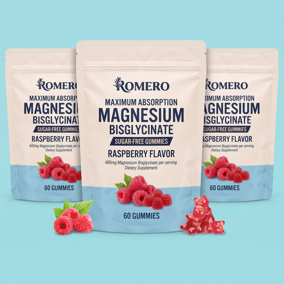Three pouches of ROMERO Magnesium Bisglycinate Gummies