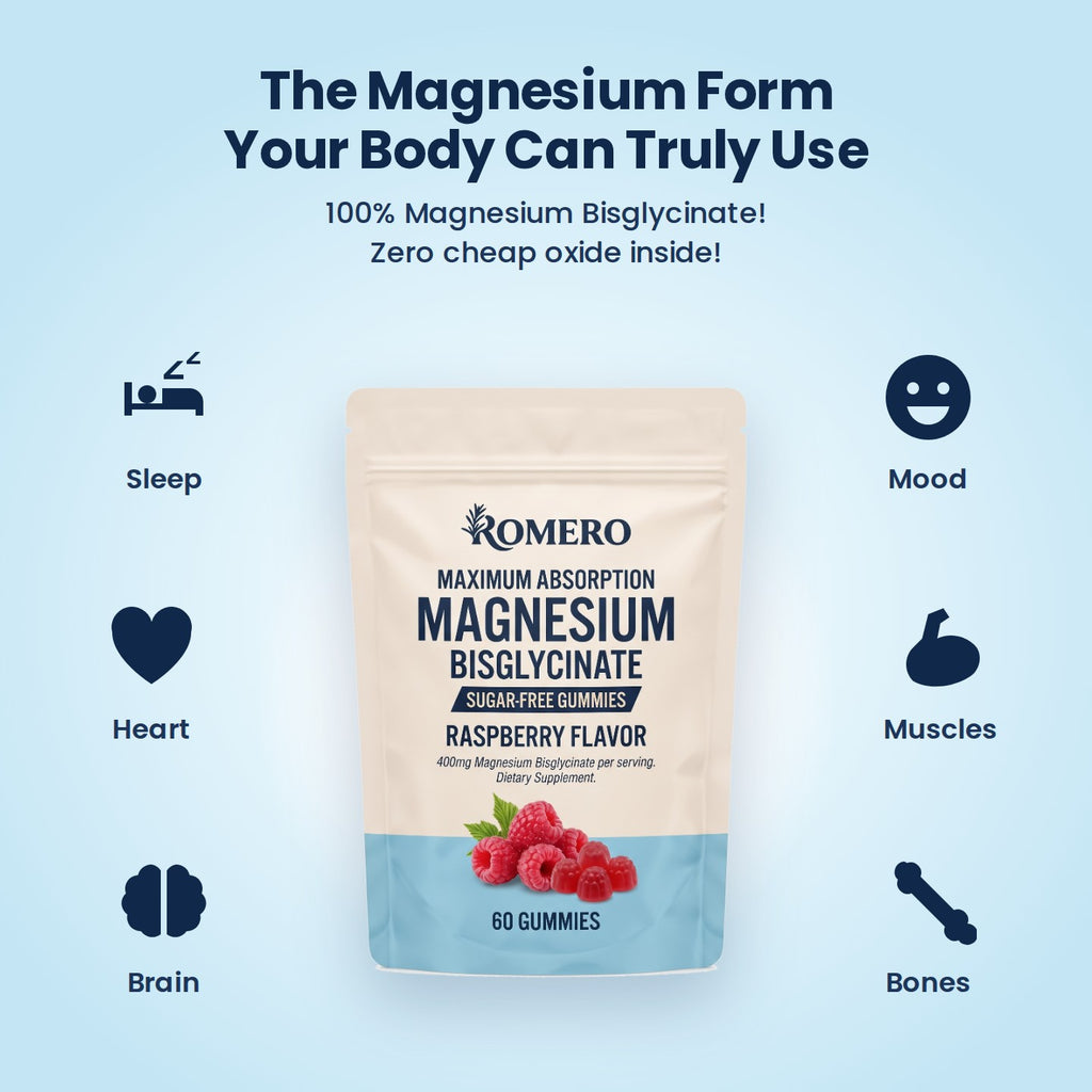 ROMERO Magnesium Bisglycinate Gummies pouch with icons for sleep, heart, brain, mood, muscles and bones