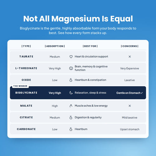 Comparison table of magnesium forms: bisglycinate has very high absorption and is gentle on the stomach