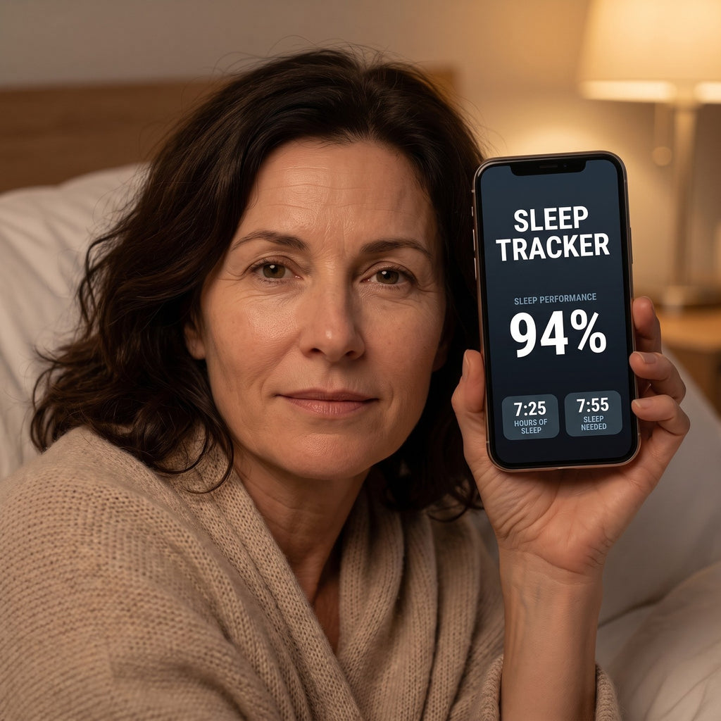 Woman in bed showing a sleep tracker app with a 94 percent sleep score