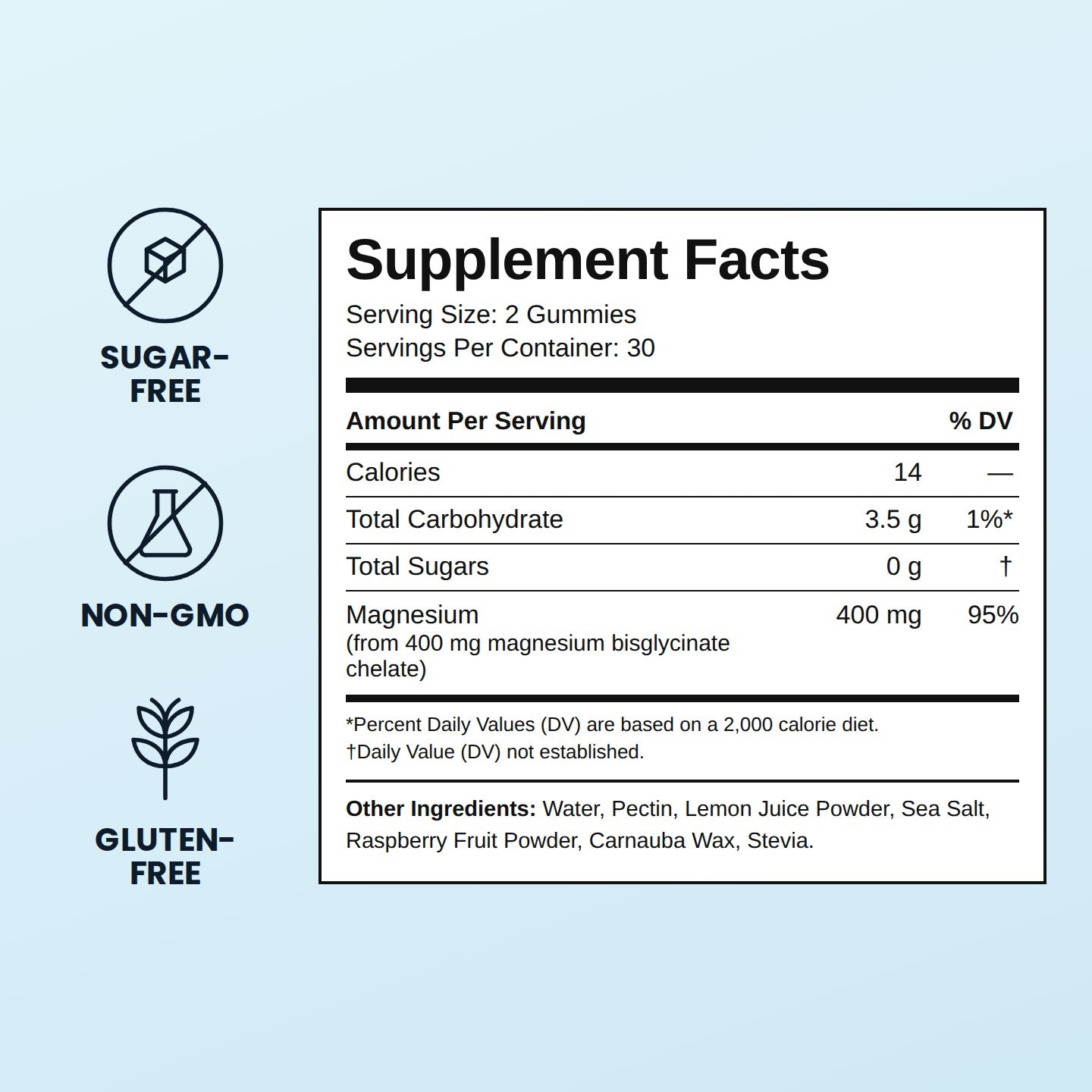 ROMERO Magnesium Bisglycinate Gummies supplement facts: 400 mg magnesium per 2-gummy serving, sugar-free, non-GMO, gluten-free