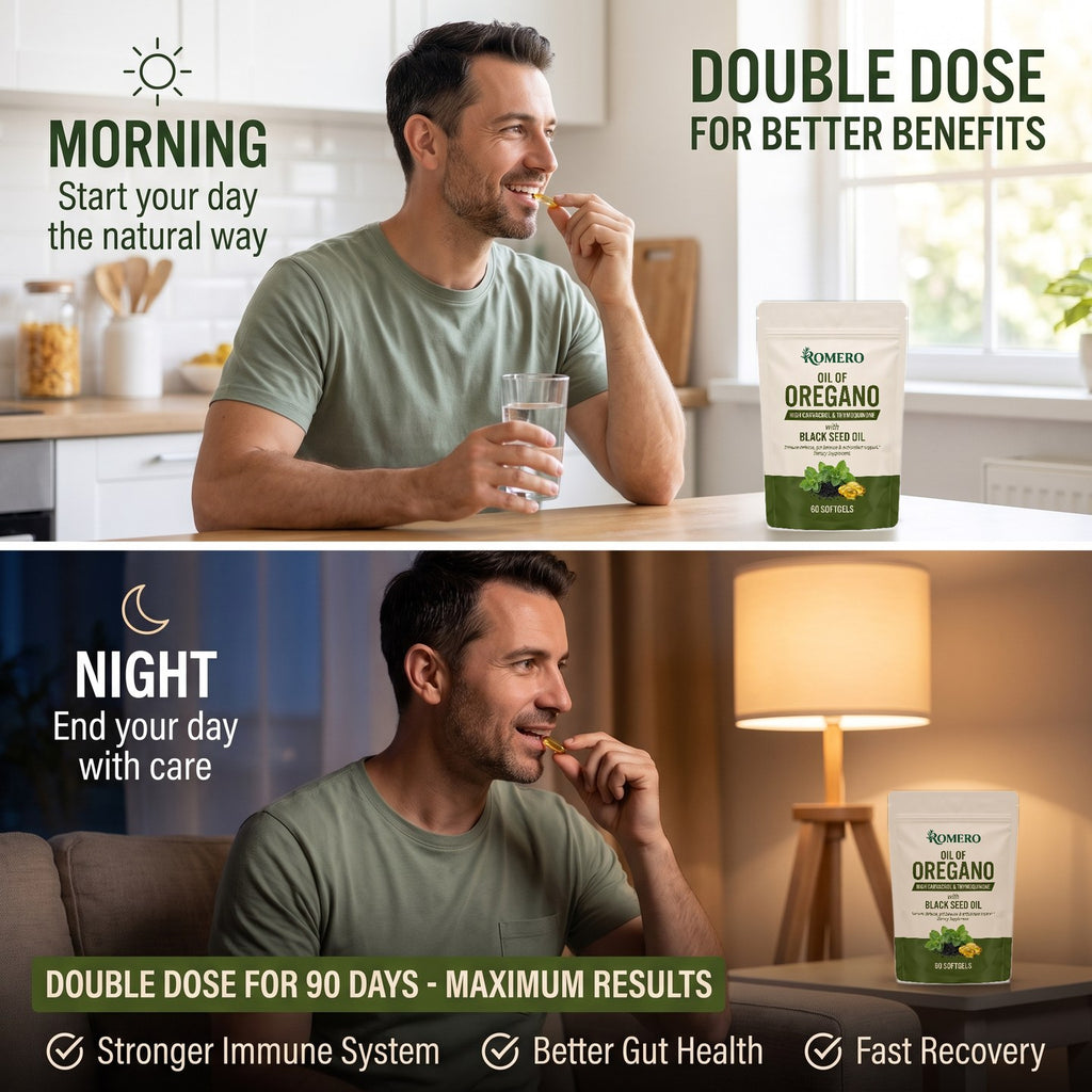 Man taking a ROMERO Oil of Oregano softgel in the morning and at night, pouch on the table