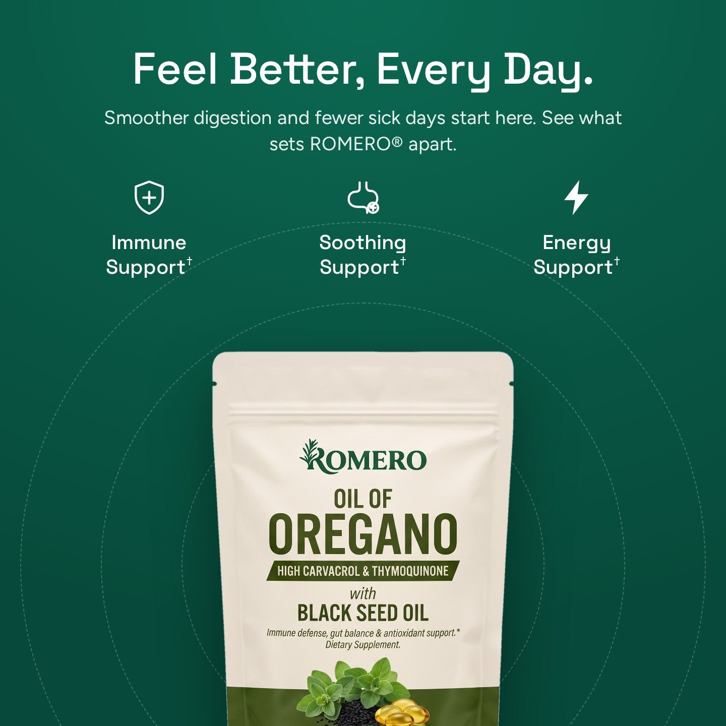 Feel Better, Every Day: immune, soothing and energy support with the ROMERO Oil of Oregano pouch