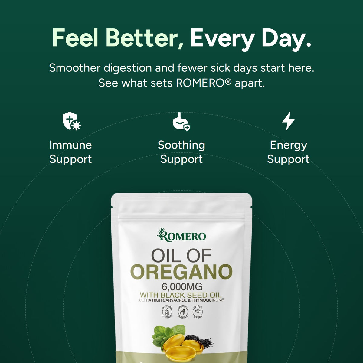 Feel Better, Every Day: immune, soothing and energy support with ROMERO Oil of Oregano