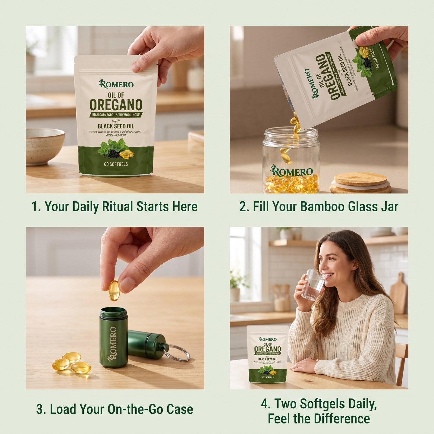 Four-step daily ritual with the ROMERO pouch, bamboo lid glass jar and on-the-go softgel case