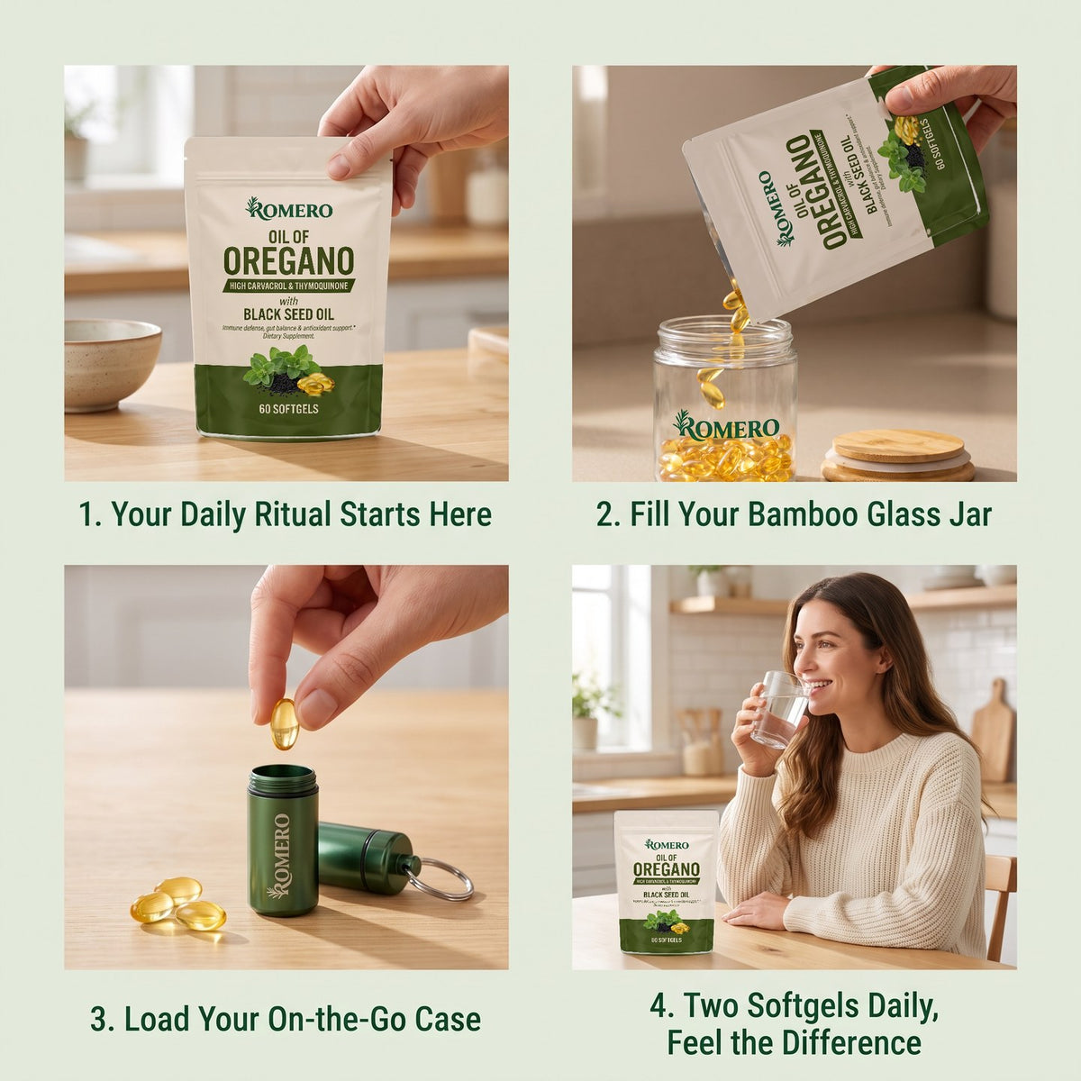 Four-step daily ritual with the ROMERO pouch, bamboo lid glass jar and on-the-go softgel case