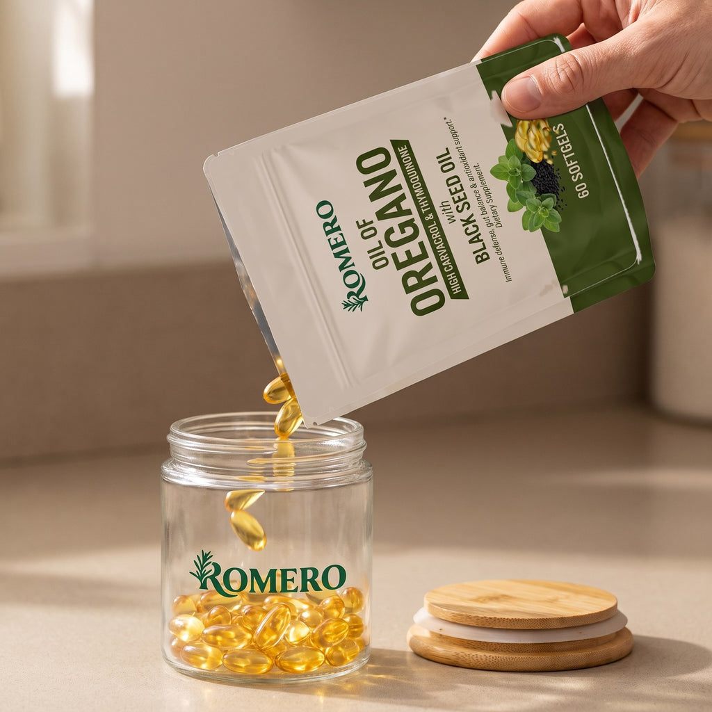 ROMERO Oil of Oregano softgels poured from the pouch into the bamboo lid glass jar