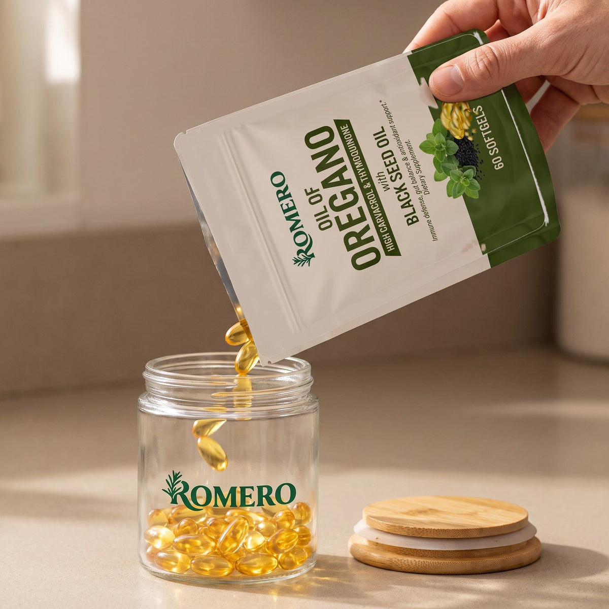 ROMERO Oil of Oregano softgels poured from the pouch into the bamboo lid glass jar