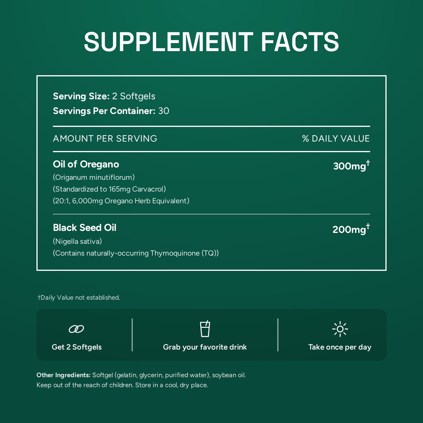 ROMERO Oil of Oregano supplement facts: 300mg oil of oregano, 200mg black seed oil per 2 softgels