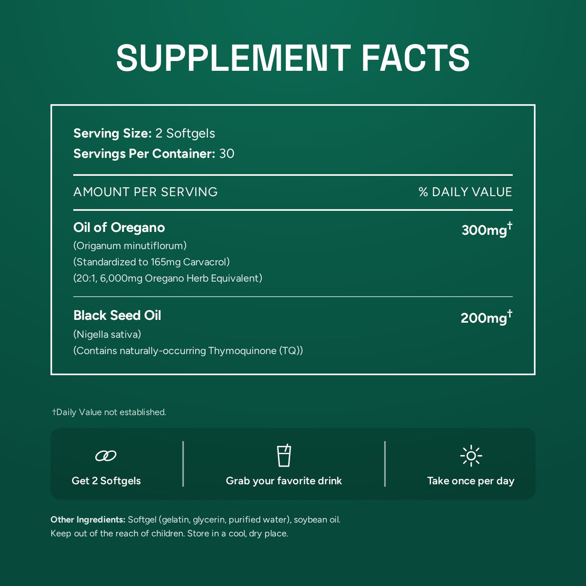 ROMERO Oil of Oregano supplement facts: 300mg oil of oregano, 200mg black seed oil per 2 softgels