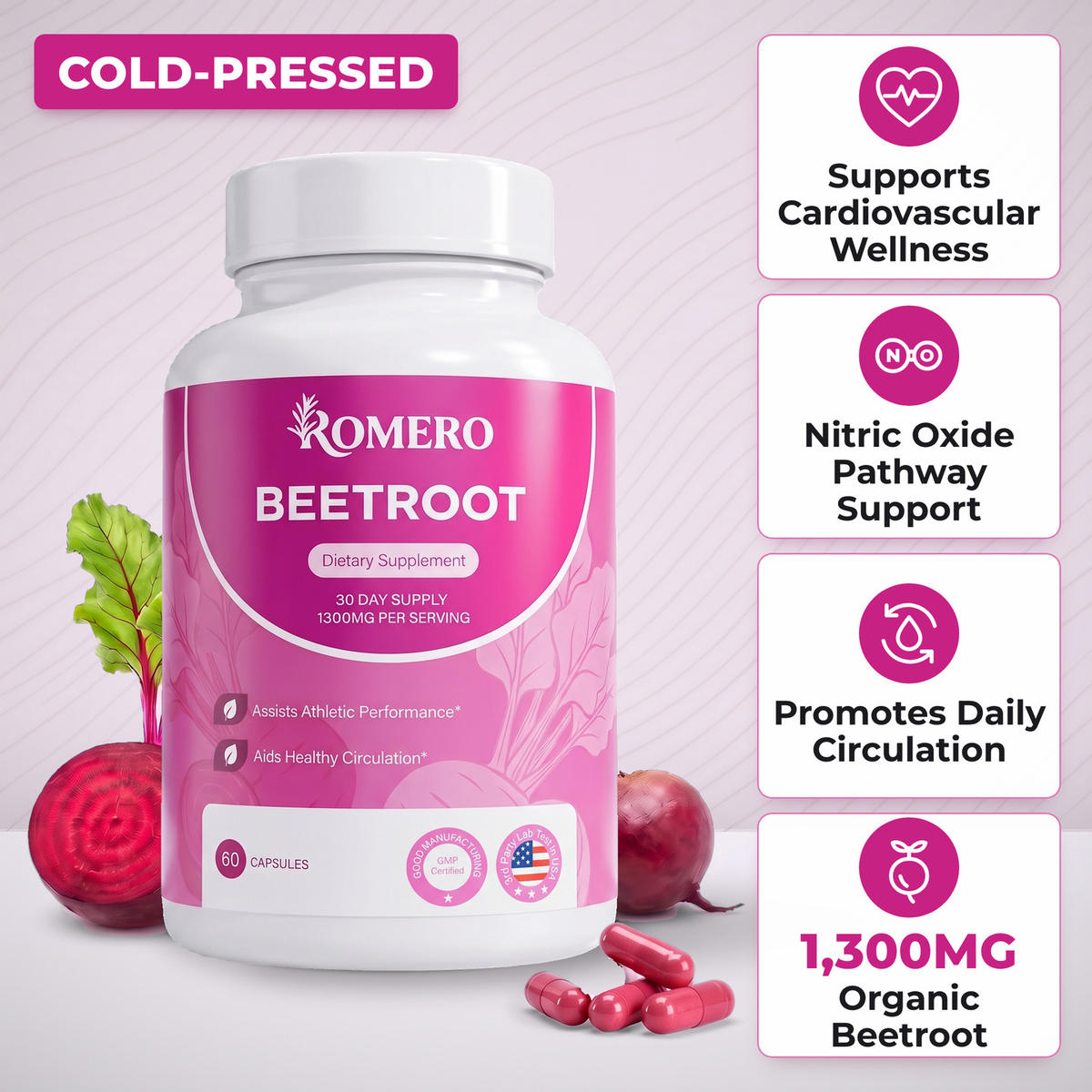 ROMERO Organic Beetroot Capsules bottle with fresh beetroots and capsules, cold-pressed badge and four tiles: supports cardiovascular wellness, nitric oxide pathway support, promotes daily circulation, 1,300mg organic beetroot